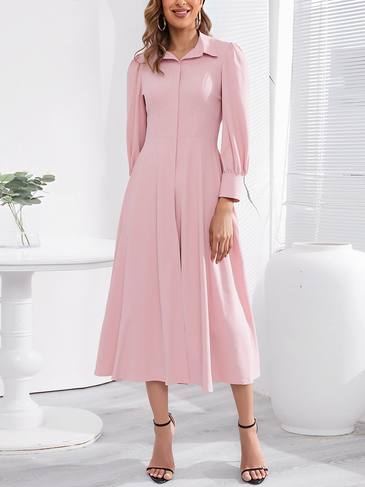 Solid Color Puff Long Sleeves Midi A-Line Shirt Dress