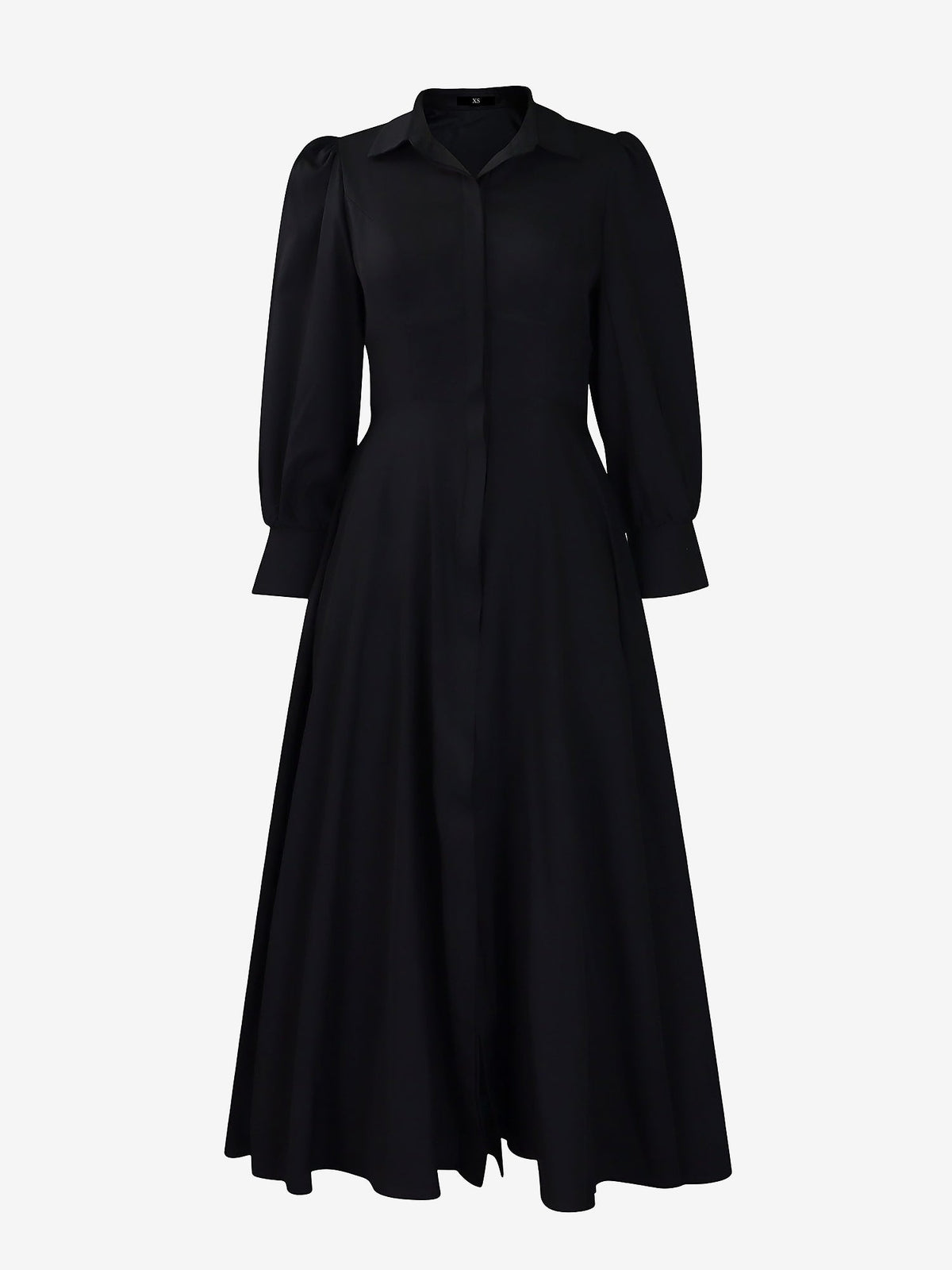 Solid Color Puff Long Sleeves Midi A-Line Shirt Dress