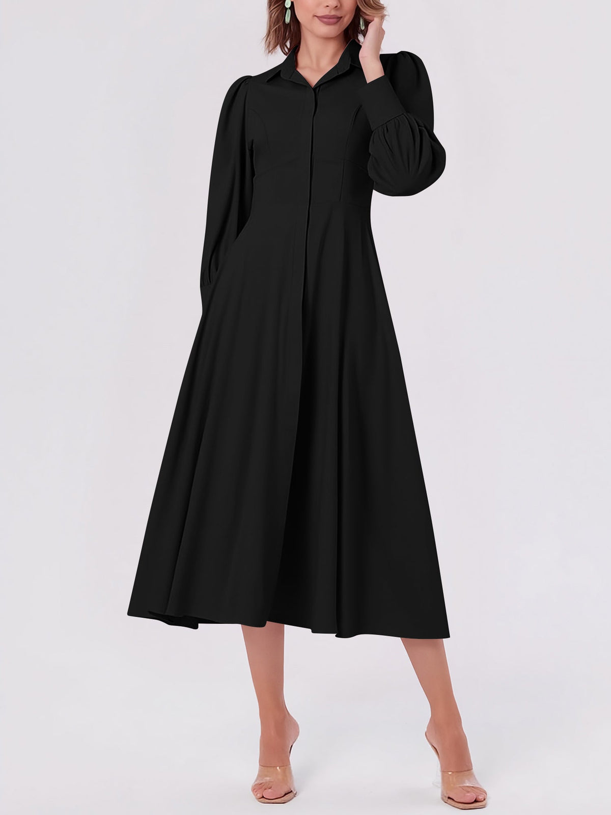 Solid Color Puff Long Sleeves Midi A-Line Shirt Dress