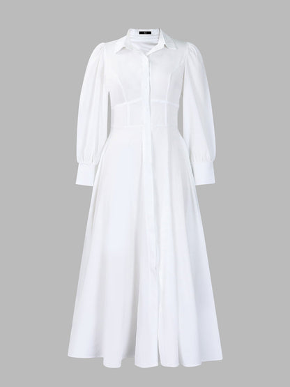 Solid Color Puff Long Sleeves Midi A-Line Shirt Dress