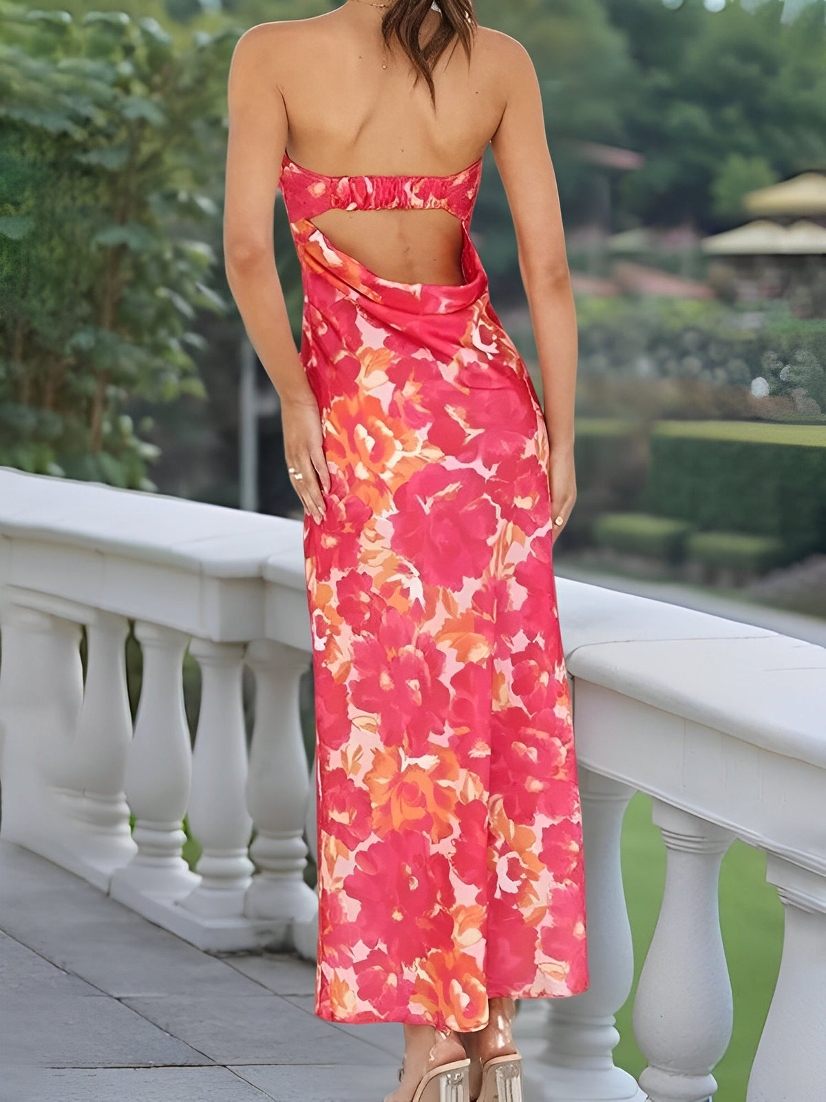 Floral Strapless Backless Maxi Cocktail Dress