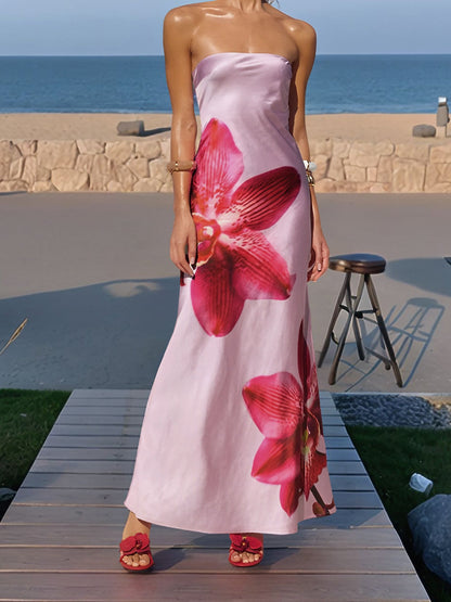 Backless Strapless Floral Print Maxi Dress