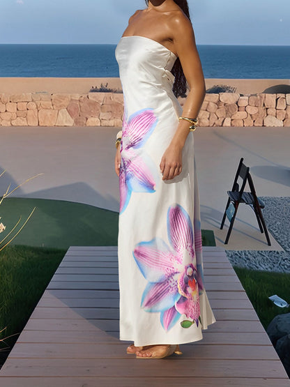 Backless Strapless Floral Print Maxi Dress
