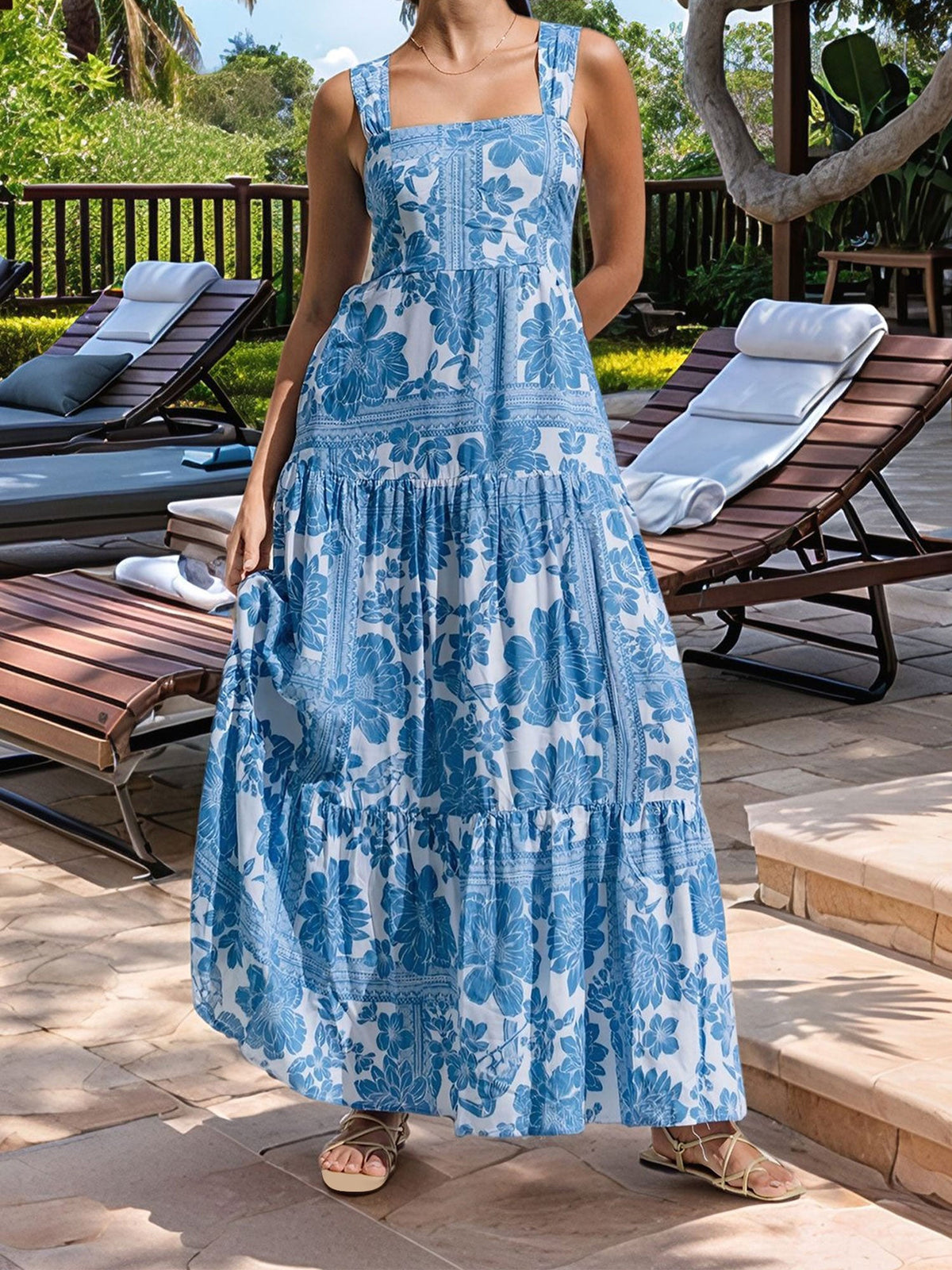 Floral Sleeveless Backless Smocked Tiered Pocket Dress