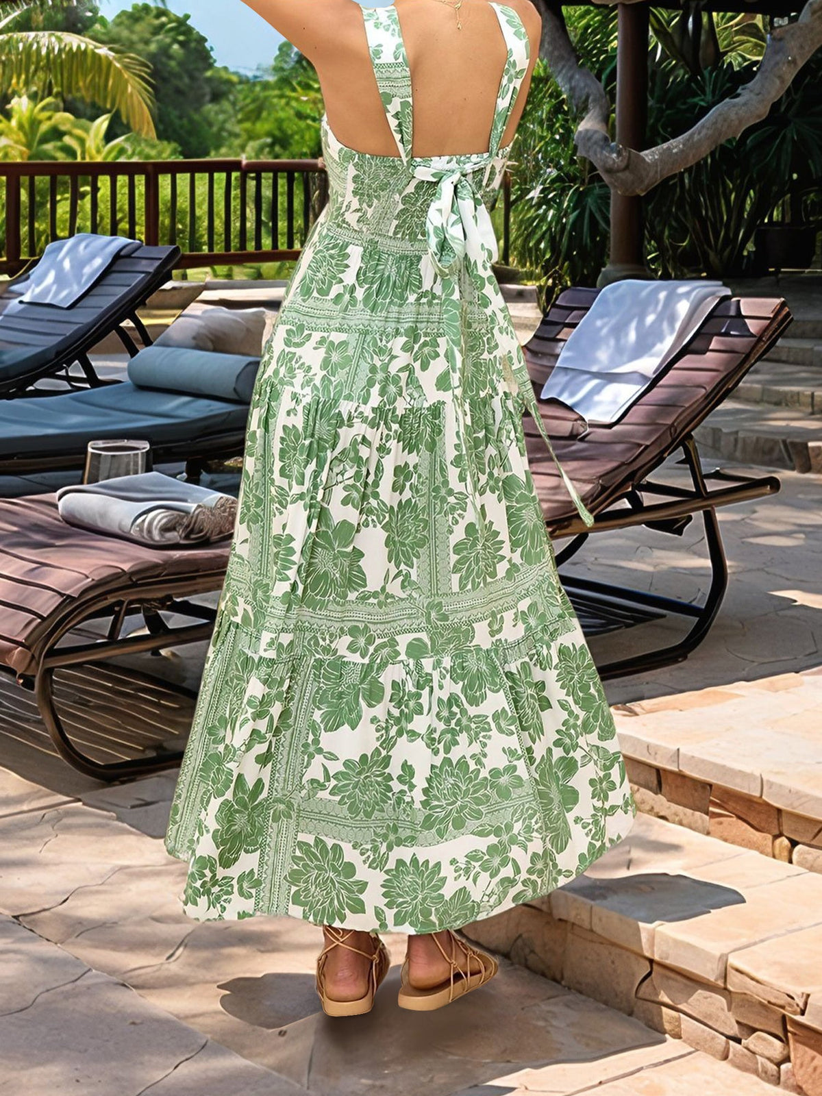 Floral Sleeveless Backless Smocked Tiered Pocket Dress