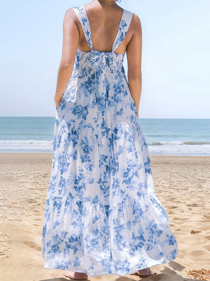 Floral Sleeveless Backless Smocked Tiered Pocket Dress