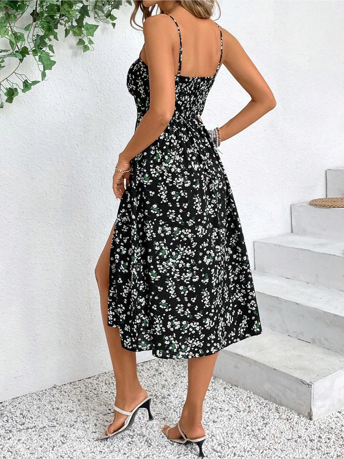 Spaghetti Strap Floral Smocked Backless Slit Dress