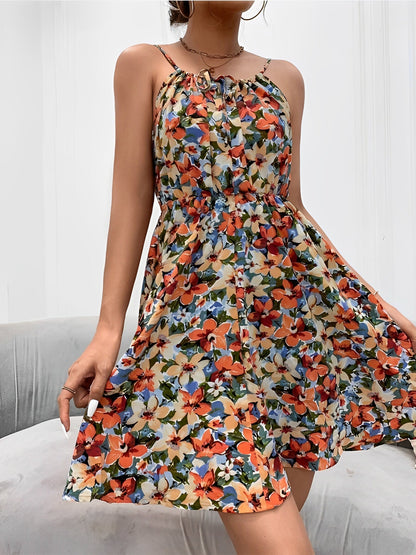 Floral Spaghetti Strap Lace-Up Mini A-Line Dress