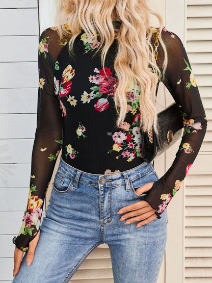 Mock Neck Long Sleeve Floral Mesh Casual Blouse