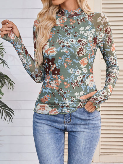 Mock Neck Long Sleeve Floral Mesh Casual Blouse