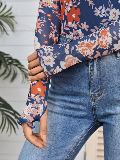 Mock Neck Long Sleeve Floral Mesh Casual Blouse