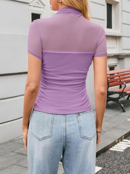 Mock Neck Mesh Sheer Short Sleeves Blouse