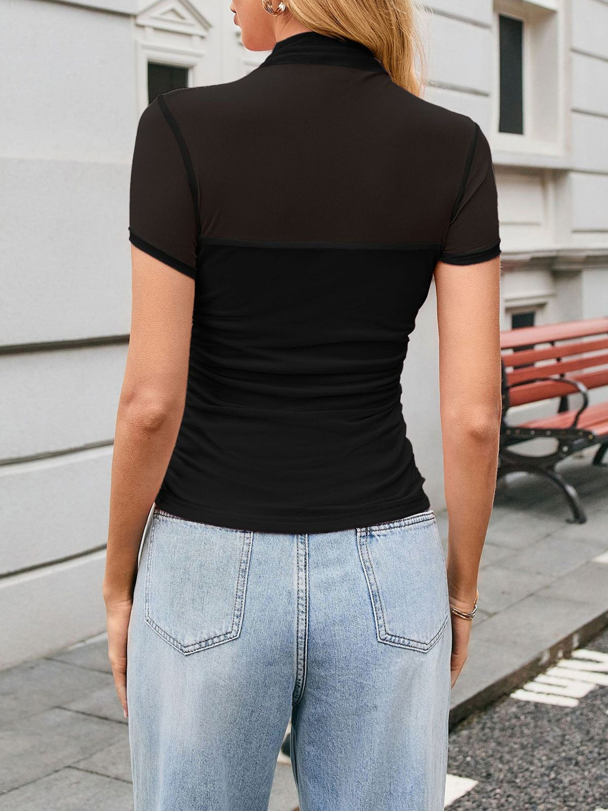 Mock Neck Mesh Sheer Short Sleeves Blouse