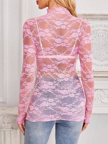 Lace See Through Mock Neck Long Sleeves Blouse