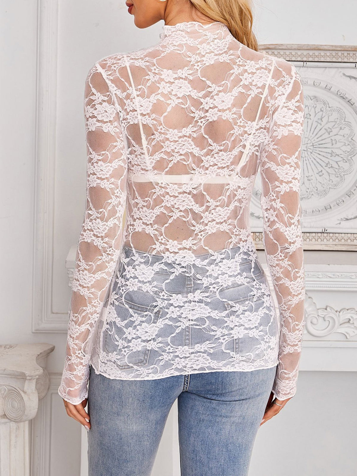 Lace See Through Mock Neck Long Sleeves Blouse