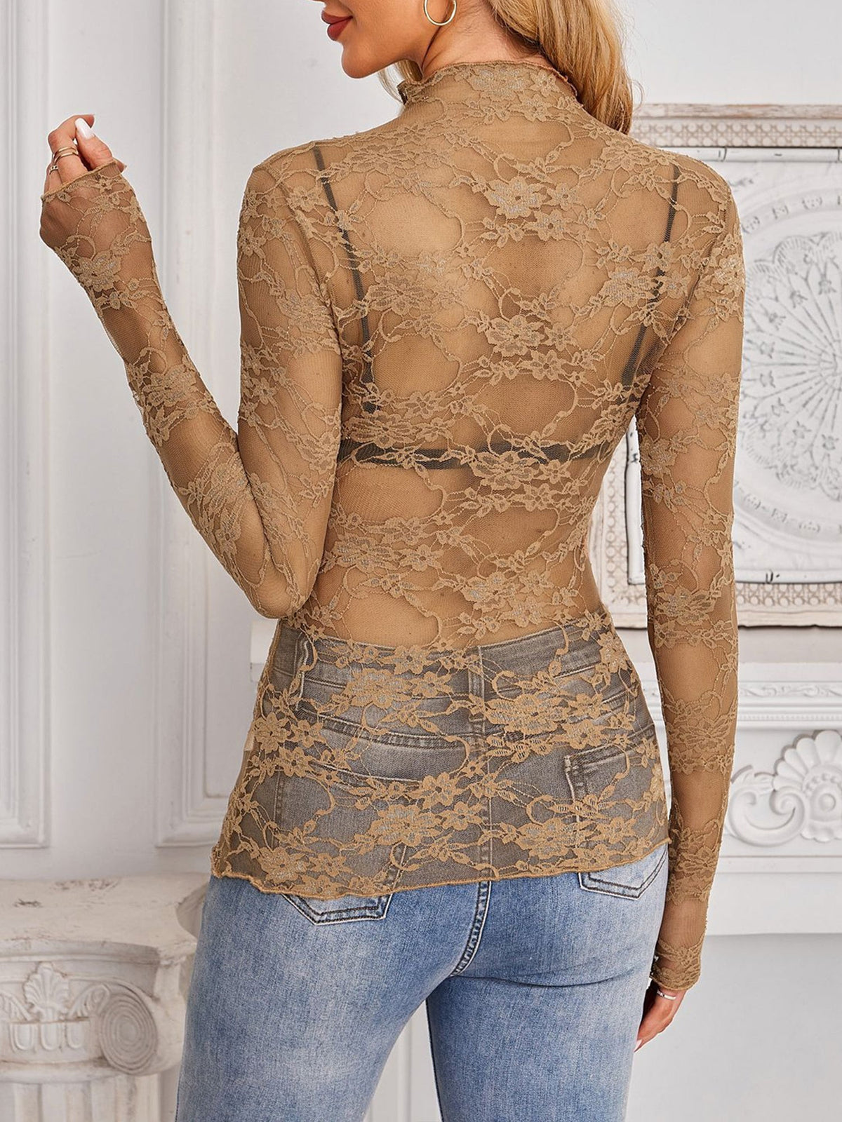 Lace See Through Mock Neck Long Sleeves Blouse