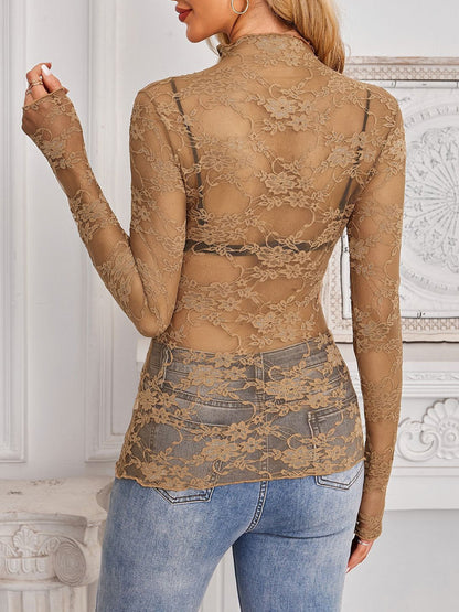 Lace See Through Mock Neck Long Sleeves Blouse