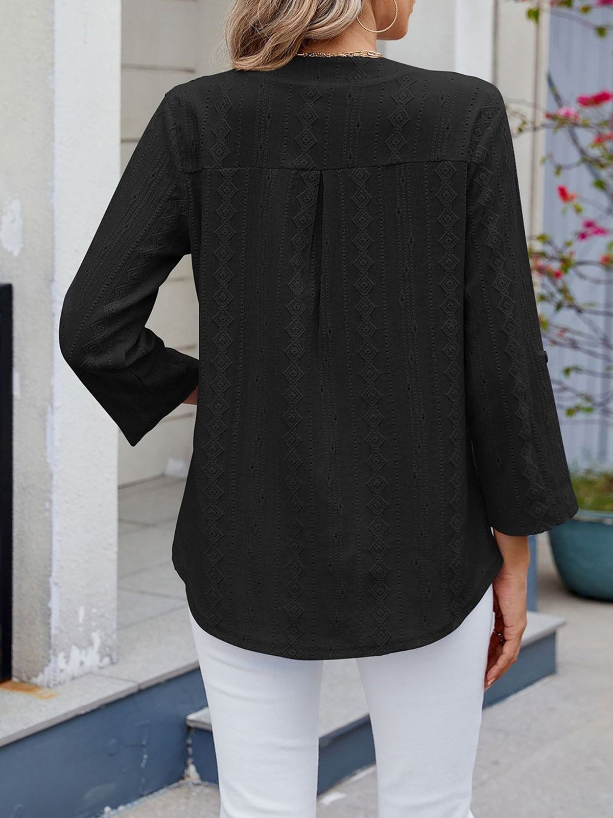 Textured Eyelet Notch Neck Rolled Sleeves Blouse