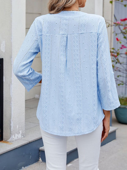 Textured Eyelet Notch Neck Rolled Sleeves Blouse