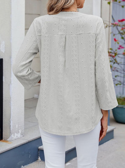 Textured Eyelet Notch Neck Rolled Sleeves Blouse