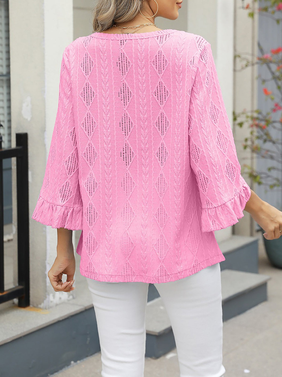 V Neck 3/4 Sleeves Eyelet Textured Casual Blouse