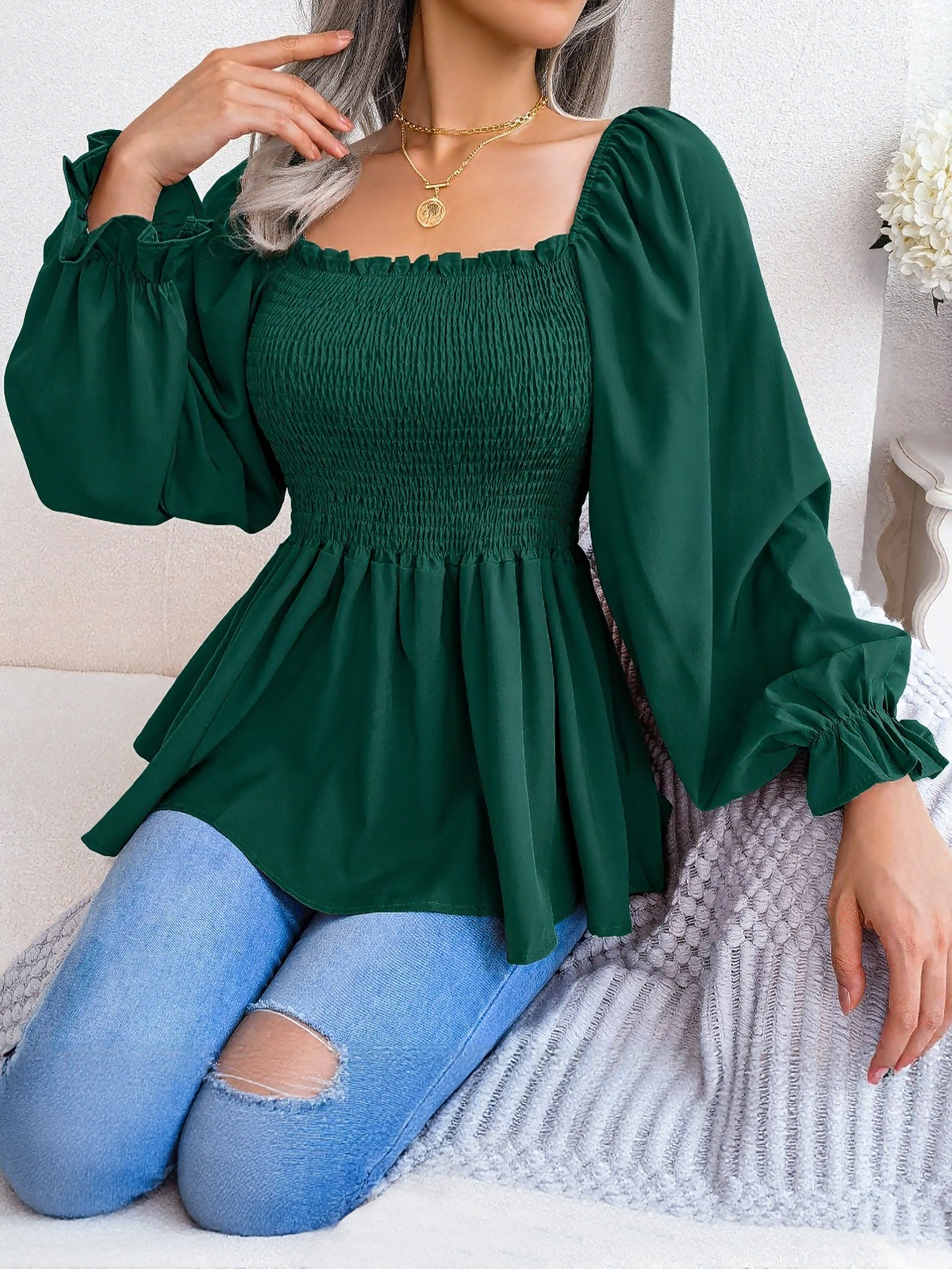 Ruffle Square Neck Smocked Long Sleeves Peplum Blouse