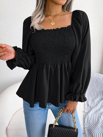 Ruffle Square Neck Smocked Long Sleeves Peplum Blouse