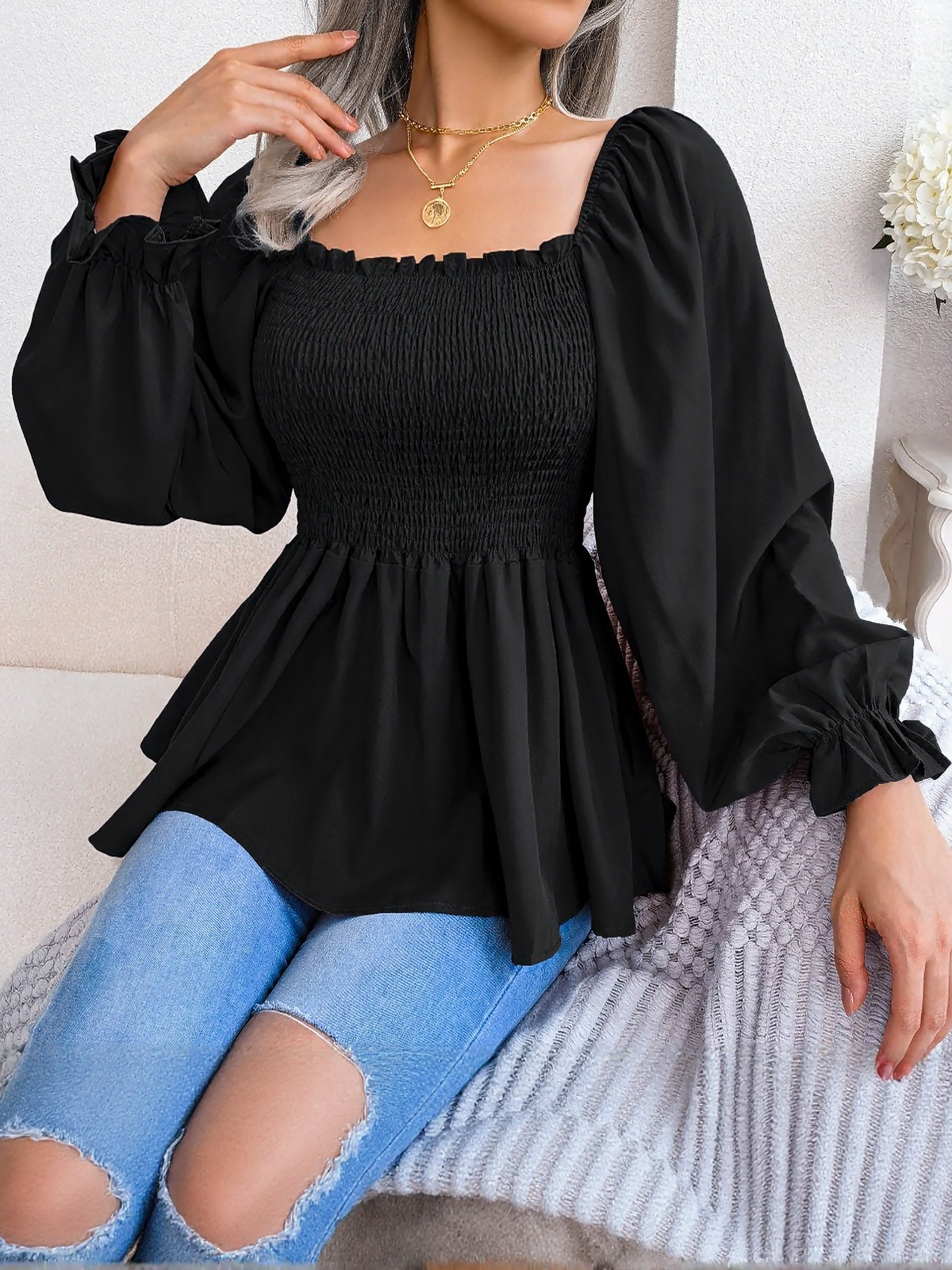 Ruffle Square Neck Smocked Long Sleeves Peplum Blouse