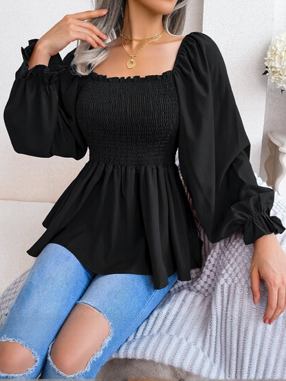 Ruffle Square Neck Smocked Long Sleeves Peplum Blouse