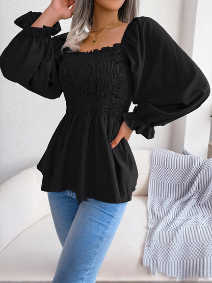 Ruffle Square Neck Smocked Long Sleeves Peplum Blouse