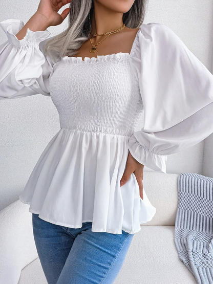 Ruffle Square Neck Smocked Long Sleeves Peplum Blouse