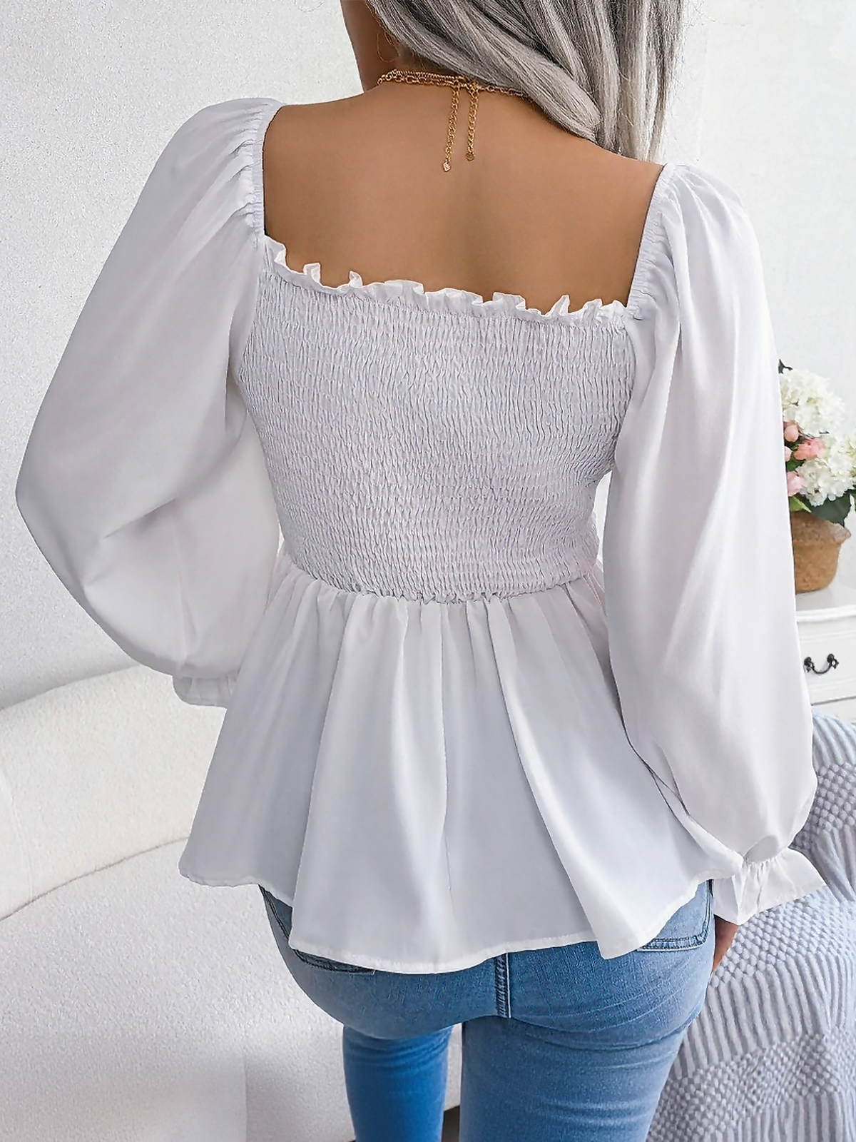 Ruffle Square Neck Smocked Long Sleeves Peplum Blouse