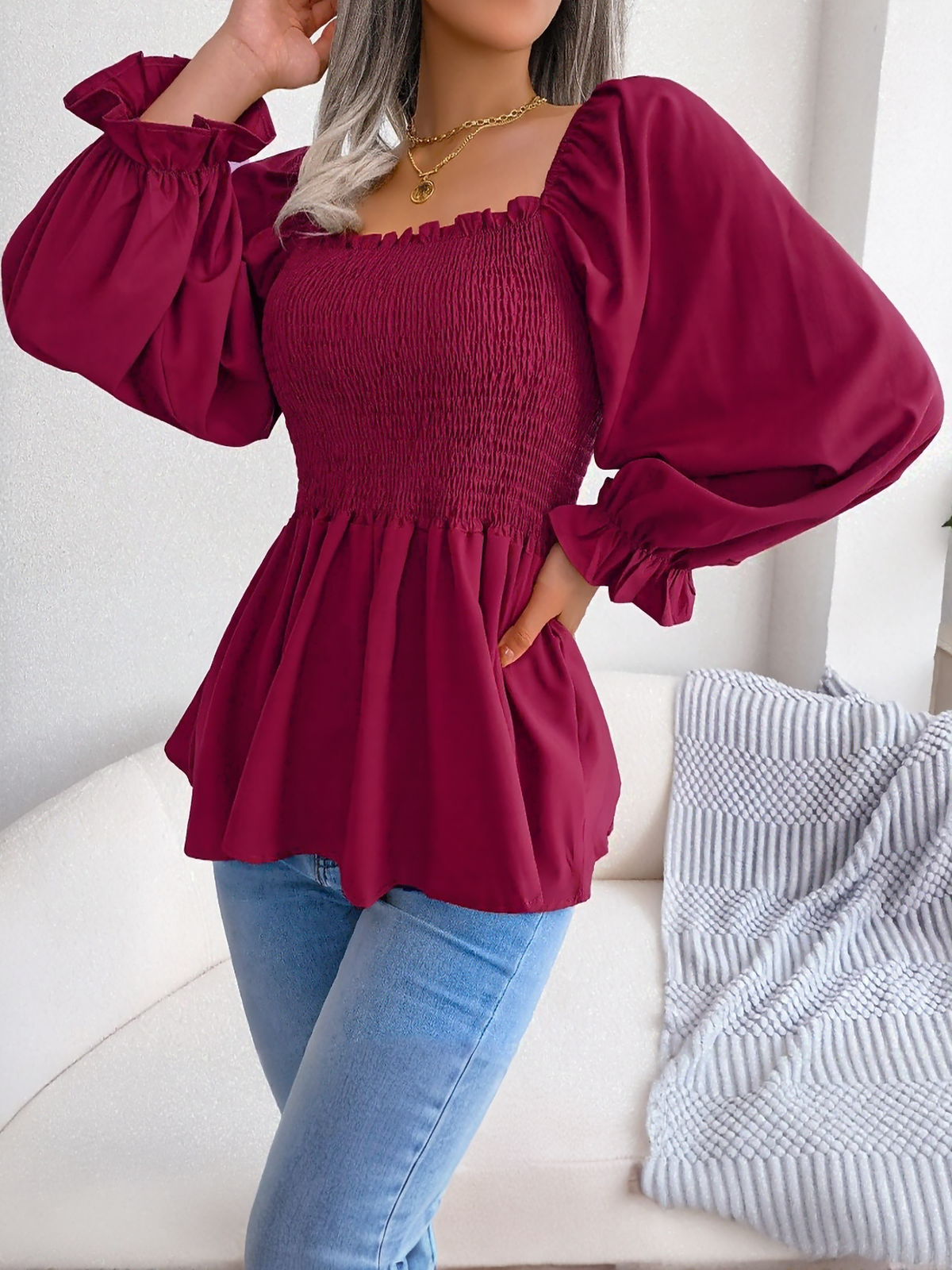 Ruffle Square Neck Smocked Long Sleeves Peplum Blouse