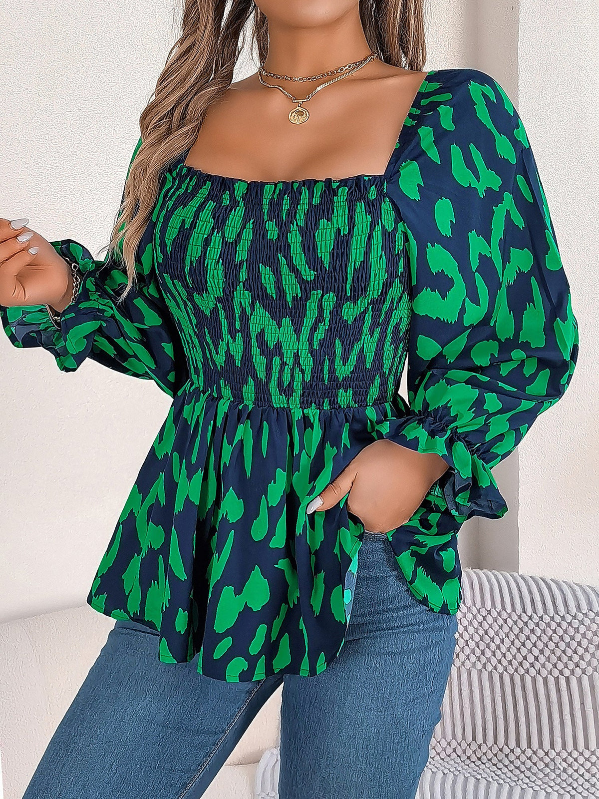 Square Neck Leopard Print Smocked Peplum Blouse
