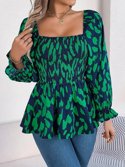 Square Neck Leopard Print Smocked Peplum Blouse