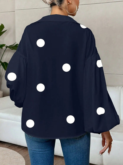 Collar V Neck Polka Dot Puff Long Sleeves Casual Blouse
