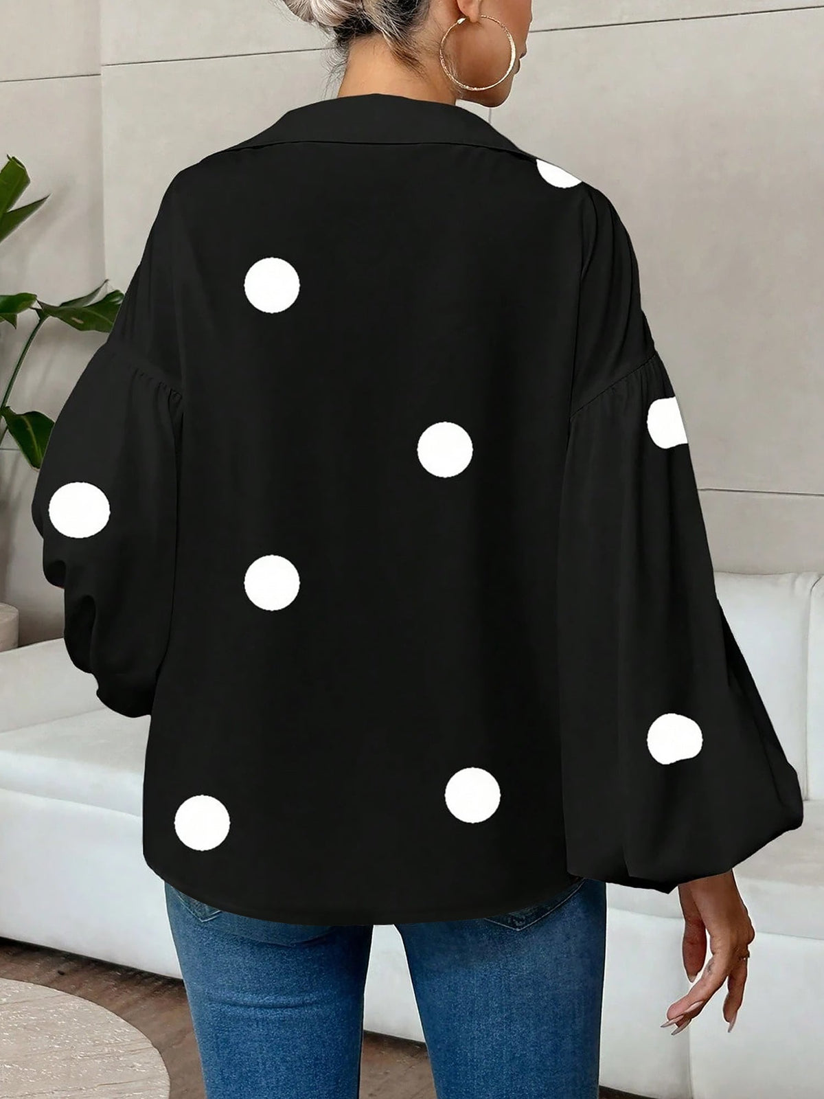 Collar V Neck Polka Dot Puff Long Sleeves Casual Blouse