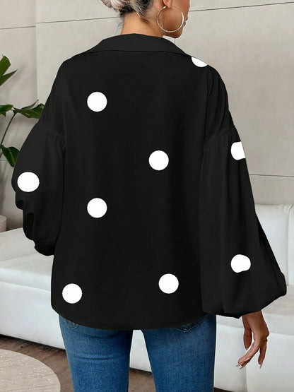 Collar V Neck Polka Dot Puff Long Sleeves Casual Blouse
