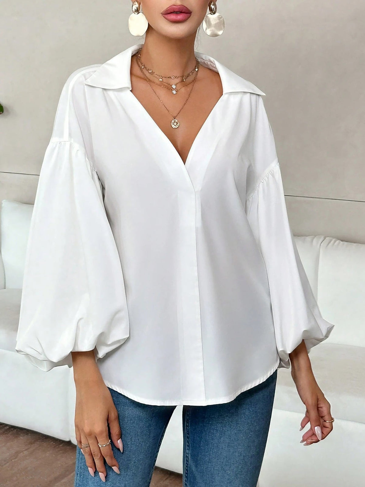 Collar V Neck Puff Long Sleeves Solid Color Blouse