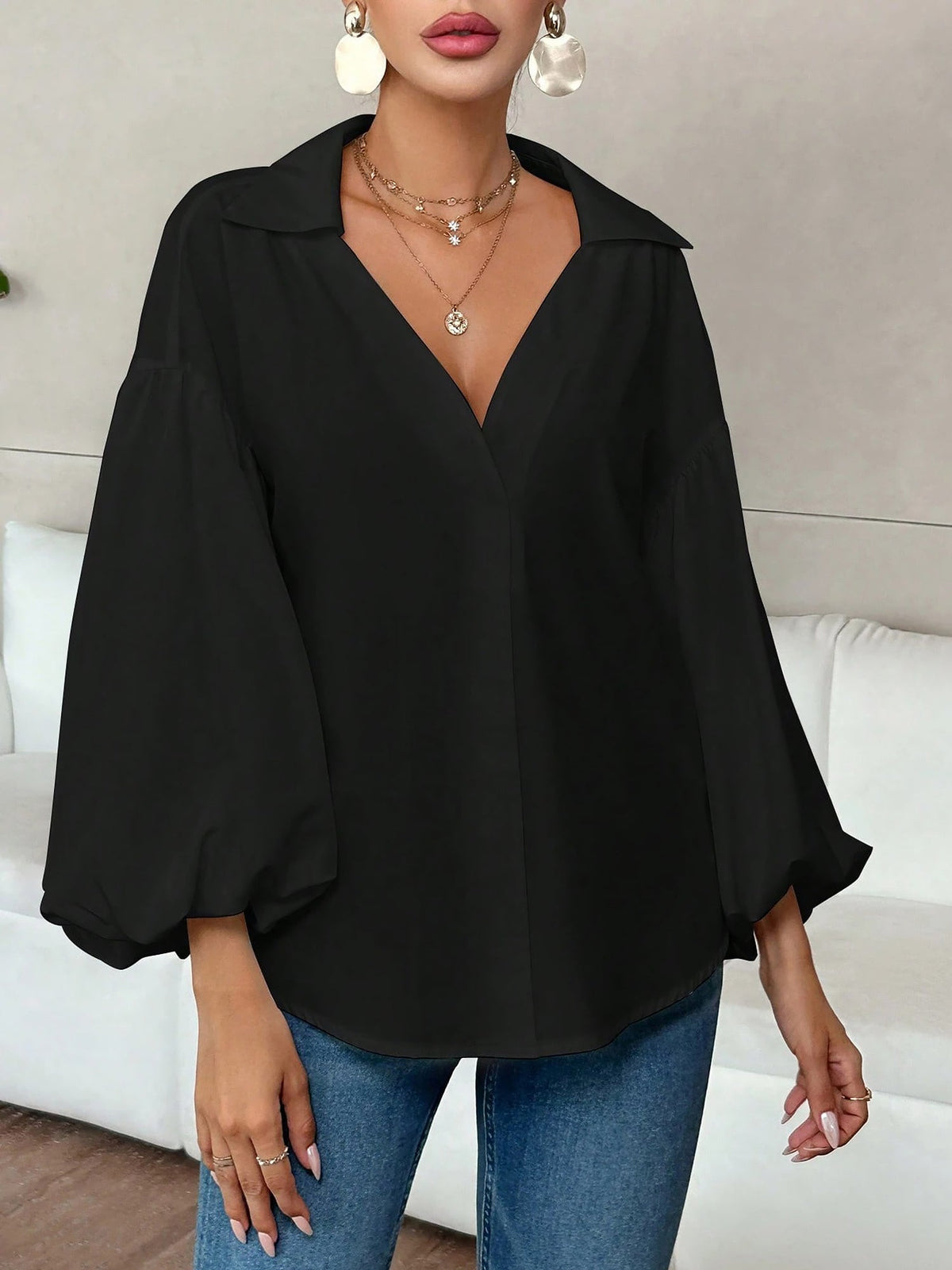 Collar V Neck Puff Long Sleeves Solid Color Blouse