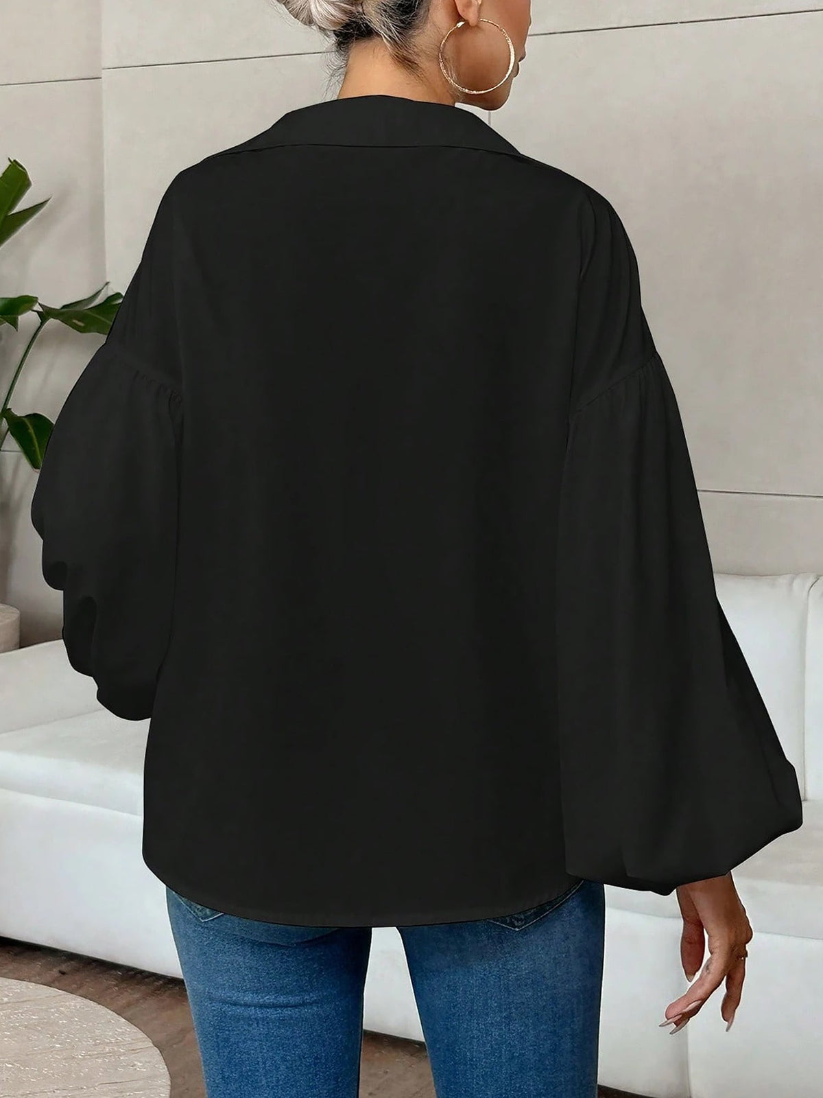 Collar V Neck Puff Long Sleeves Solid Color Blouse