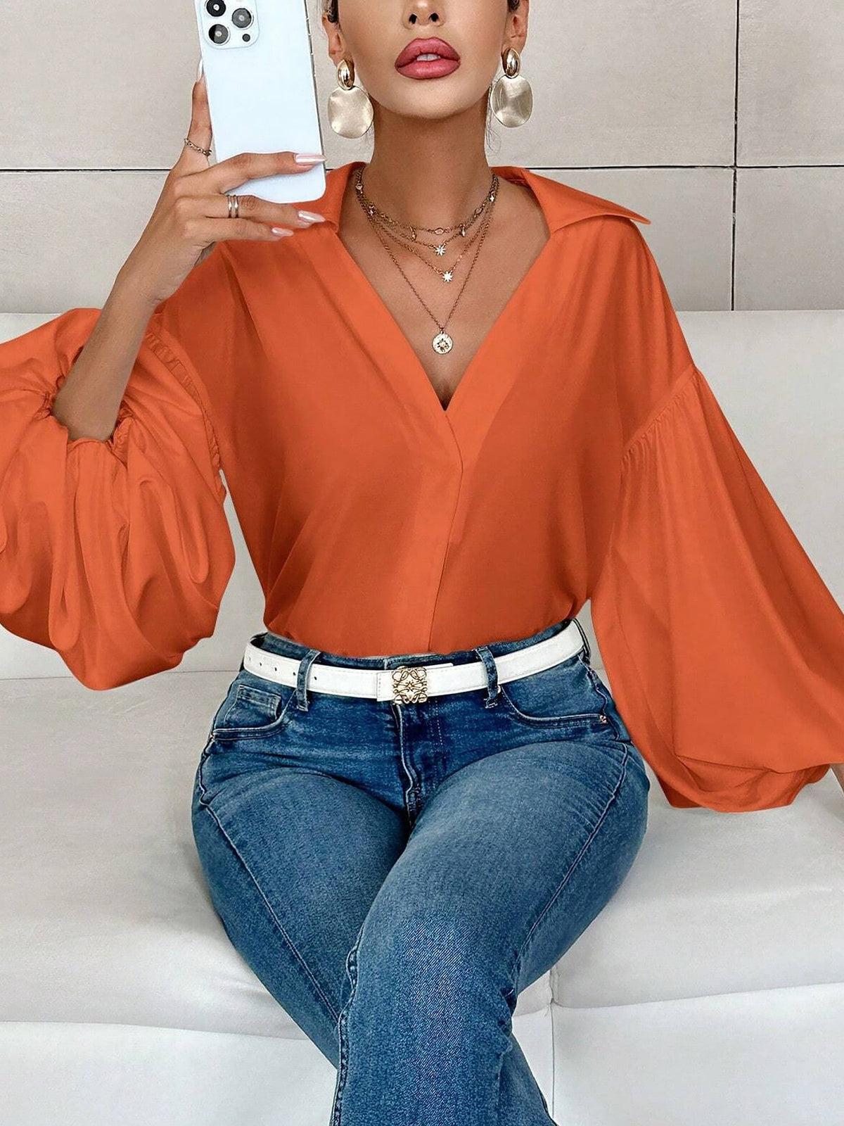 Collar V Neck Puff Long Sleeves Solid Color Blouse