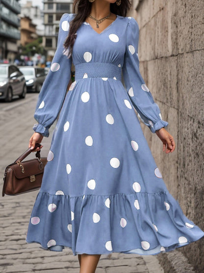 Polka Dots Print V Neck Long Sleeve A-Line Swing Dress