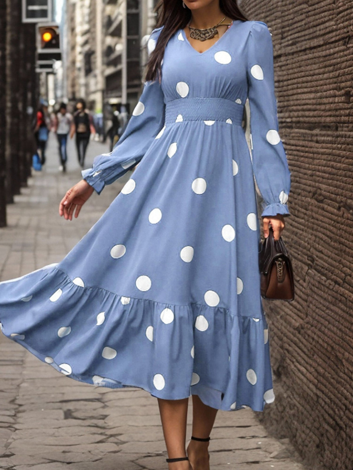 Polka Dots Print V Neck Long Sleeve A-Line Swing Dress