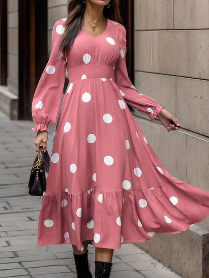 Polka Dots Print V Neck Long Sleeve A-Line Swing Dress