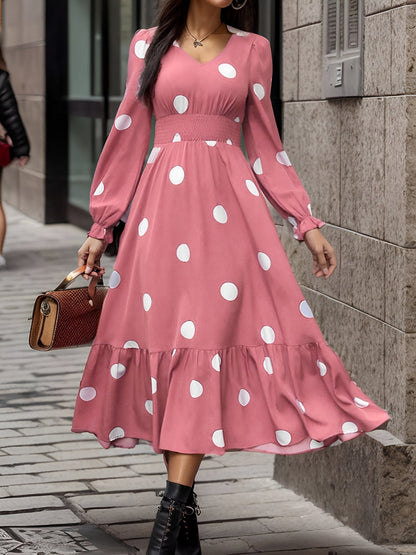 Polka Dots Print V Neck Long Sleeve A-Line Swing Dress