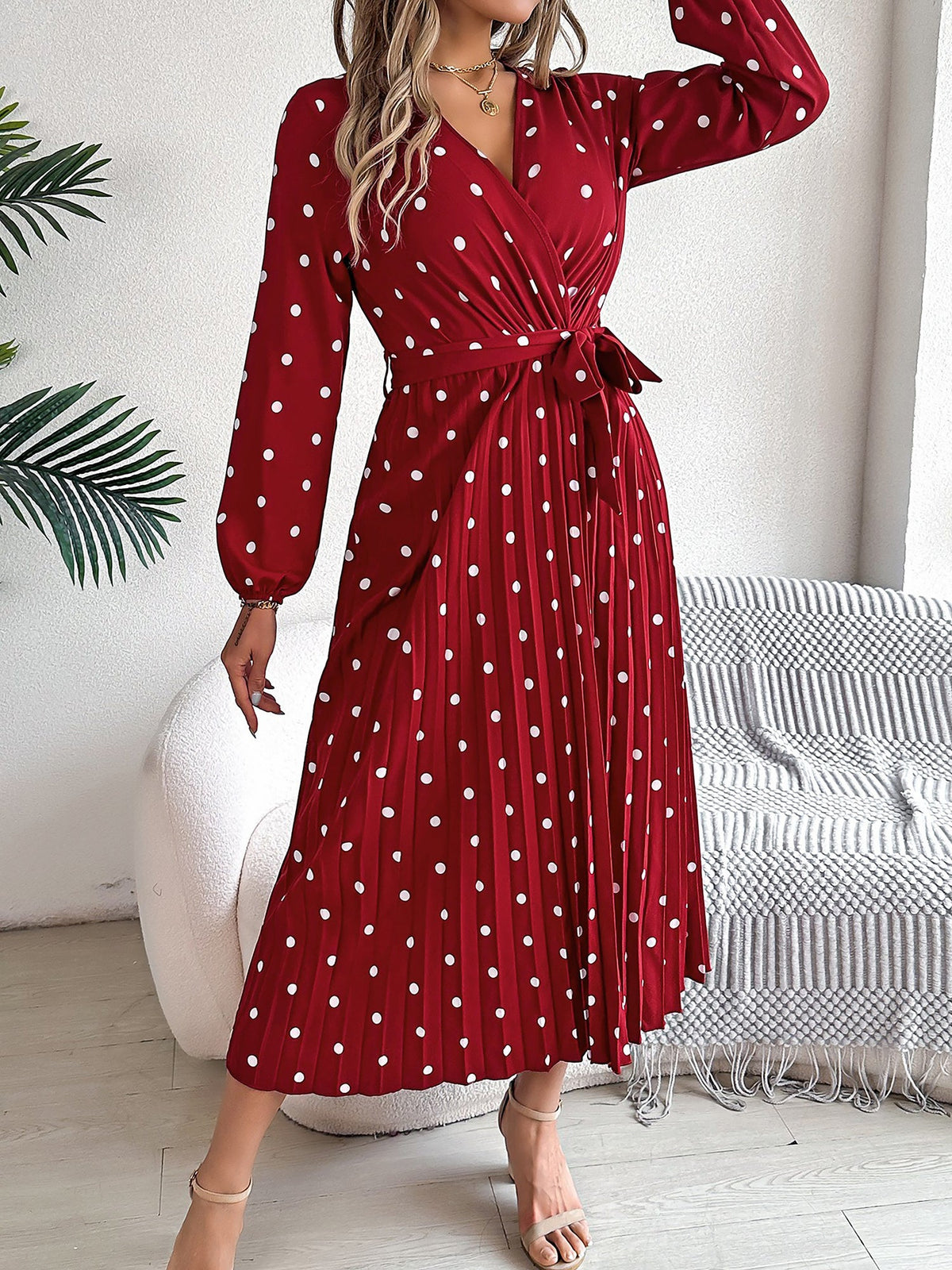 Polka Dot V Neck Pleated Midi A-Line Dress