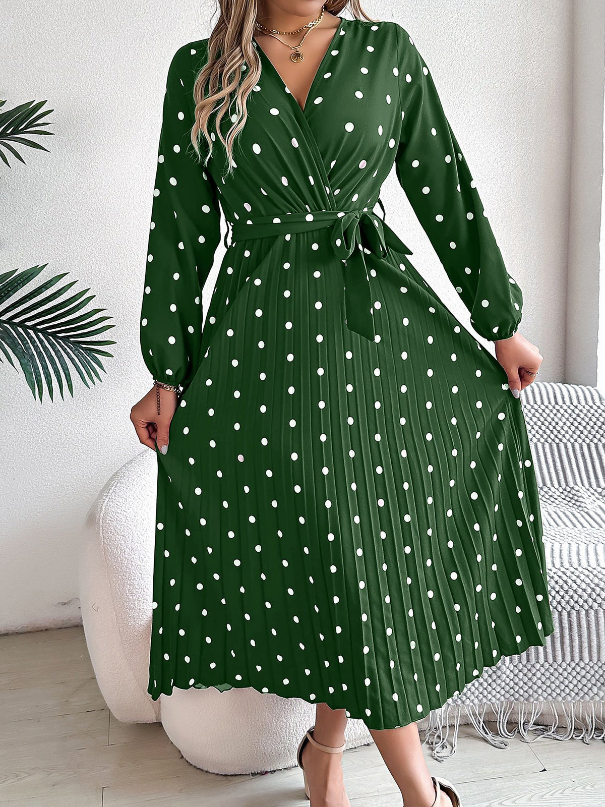 Polka Dot V Neck Pleated Midi A-Line Dress