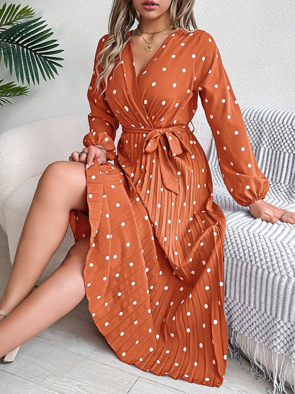 Polka Dot V Neck Pleated Midi A-Line Dress