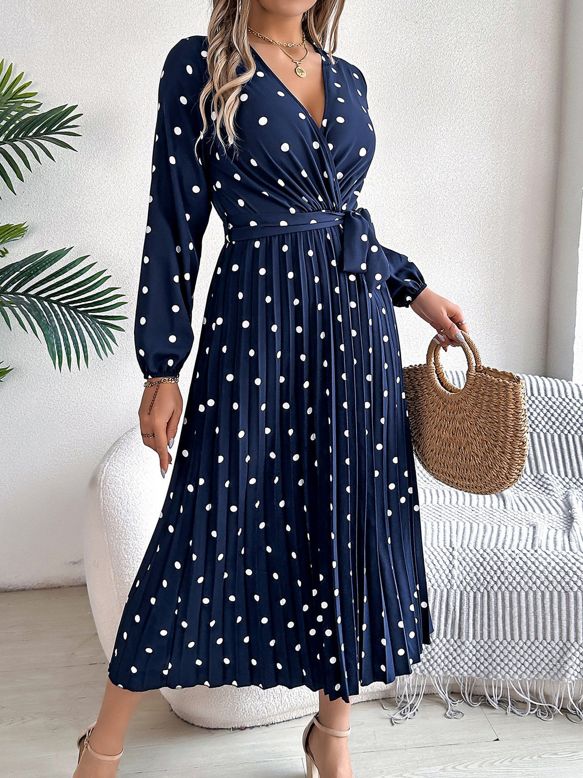 Polka Dot V Neck Pleated Midi A-Line Dress